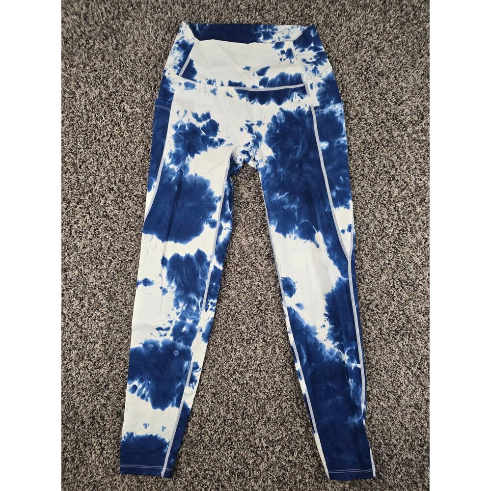 1st Phorm Womens Sz L High Rise Athletic Leggings Tie Dye Blue White w/ Pockets